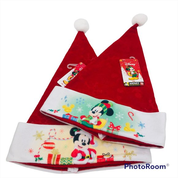 NWT Set Of 2 Disney Mickey Mouse Felt Christmas Santa Hat Snowflake Cap - Picture 1 of 5